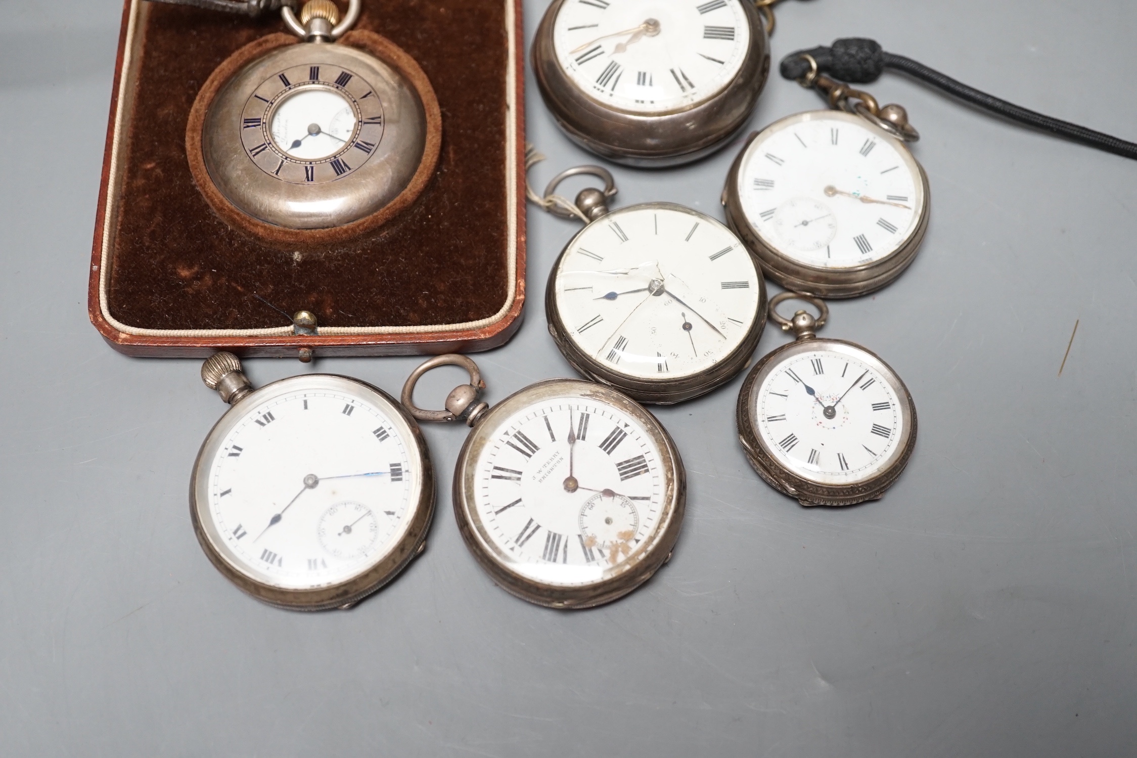 A Victorian silver pair cased pocket watch by Reeve & Son, Capel and six other assorted silver or white metal pocket watches including cased silver J.W. Benson.